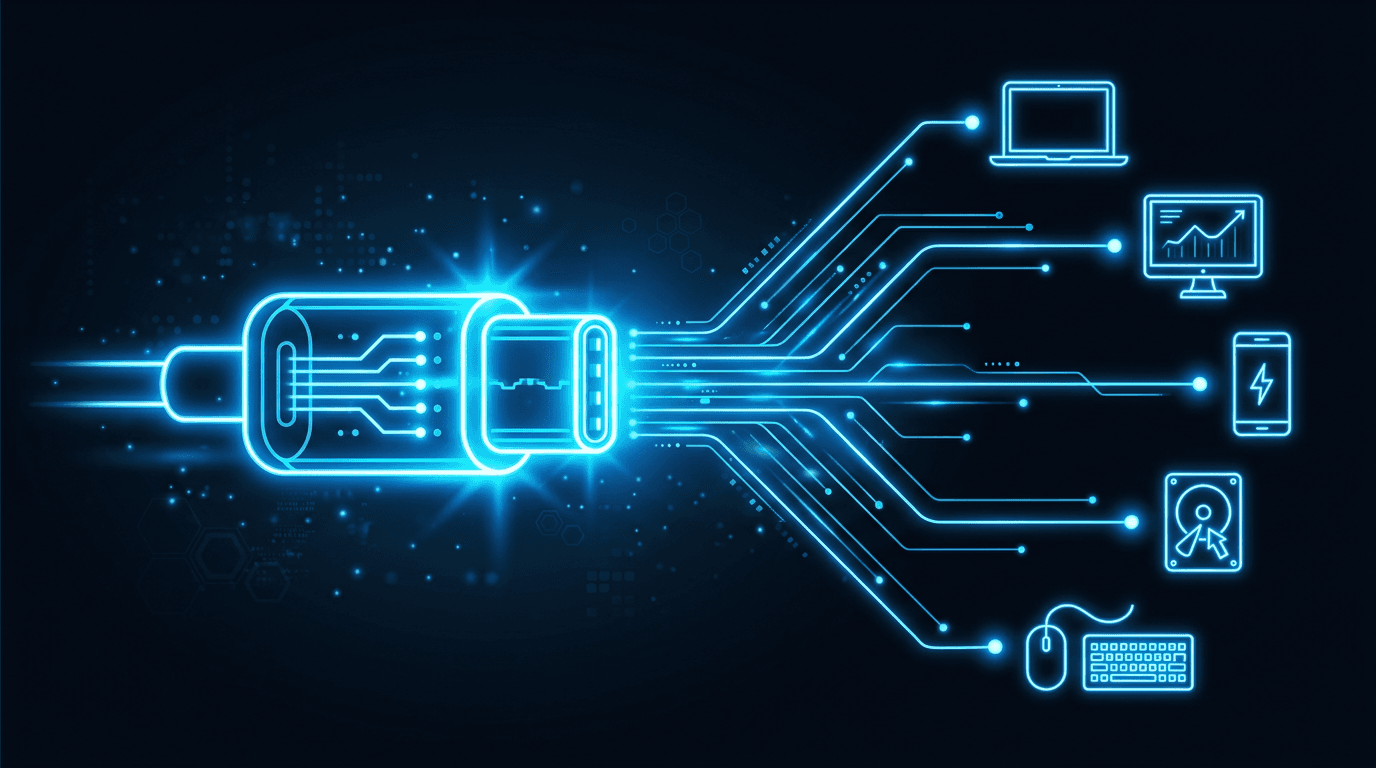 A glowing USB-C connector radiating digital connections to AI tool icons, representing MCP as the universal connector for AI agents
