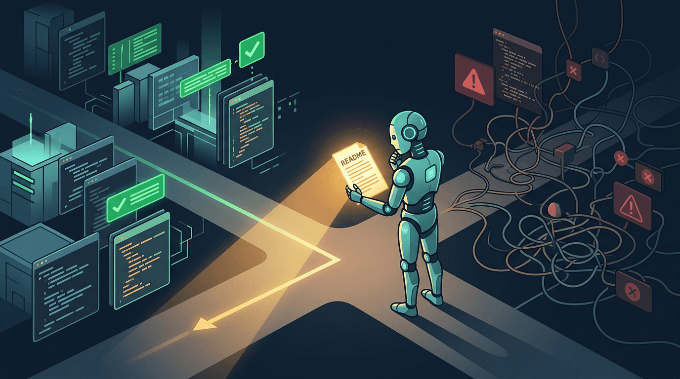 An AI robot pausing at a crossroads, holding a glowing README document that illuminates the correct path through organized code architecture